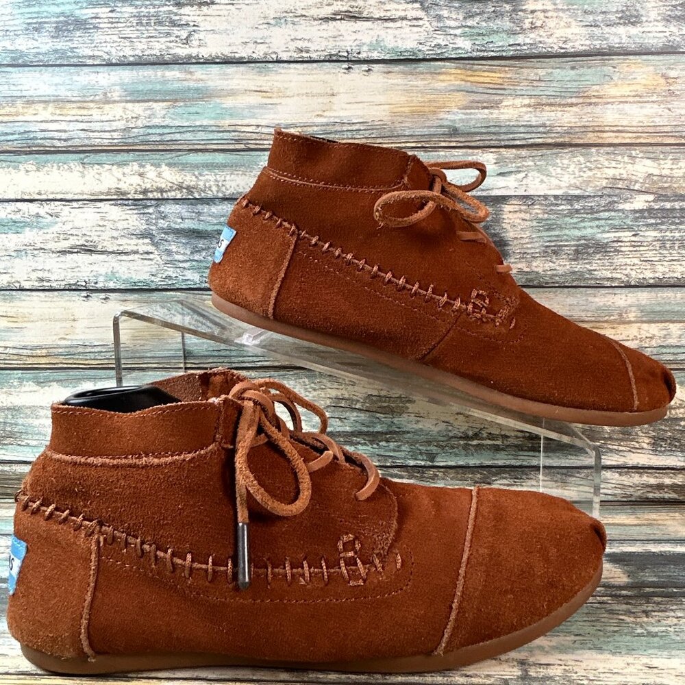 Toms Moccasin Bootie Womens Size 6.5 Brown Suede Lace Up Festival Boho Hippie